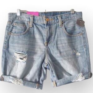 NWT Womens Low Rise Boyfriend Light Denim Blue Jean Bermuda Distress Shorts 4/27